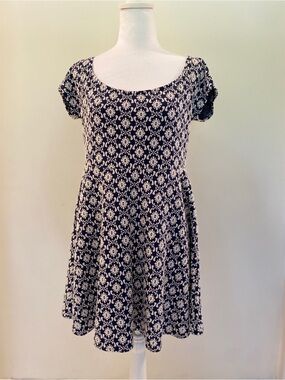 Navy and White Floral Fit-and-Flare Dress, Size L